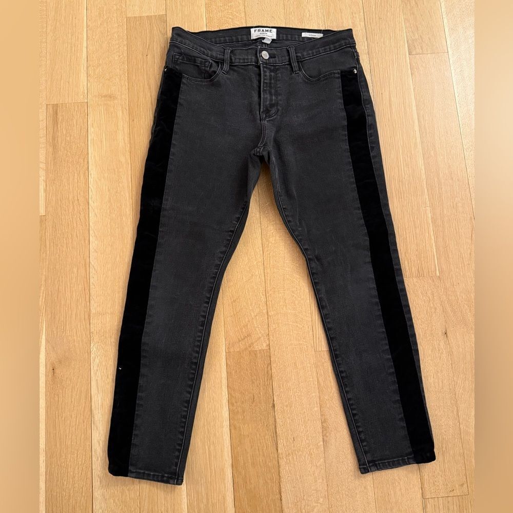 Frame Denim Charcoal Skinny Jeans with Black Velvet Stripes